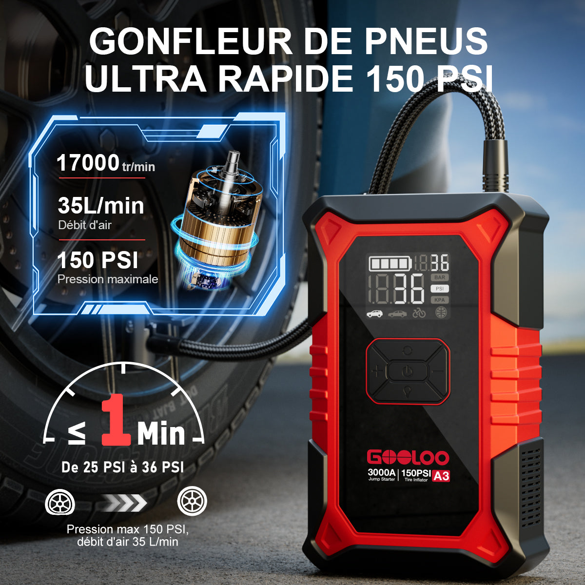 GOOLOO A3 Supersafe Booster Batterie avec Compresseur 3000A