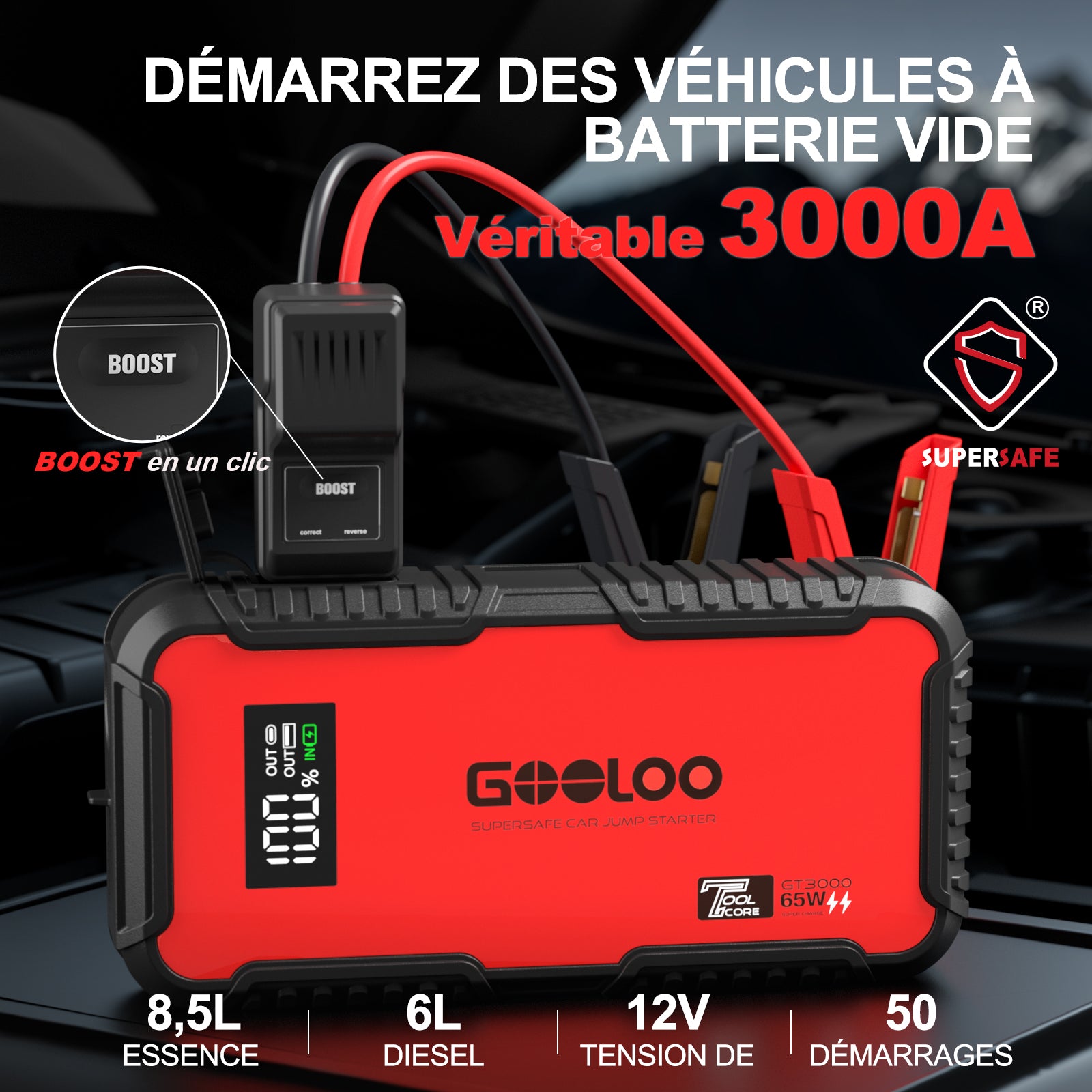 GOOLOO GT3000 Supersafe Booster Batterie Voiture 3000 A avec Boîte EVA