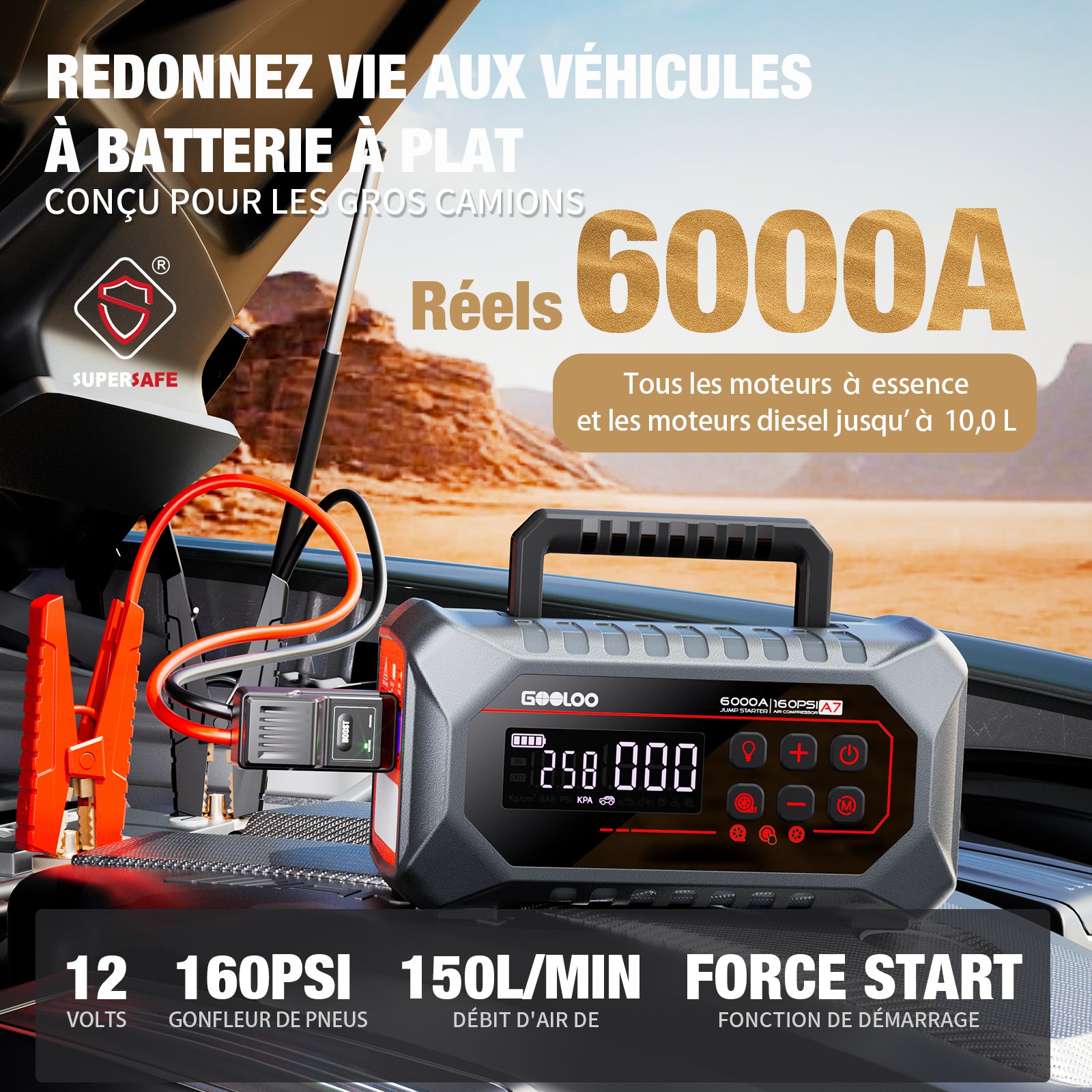 GOOLOO A7 Supersafe Booster Batterie Voiture avec compresseur d'air et pompe à air 6000A