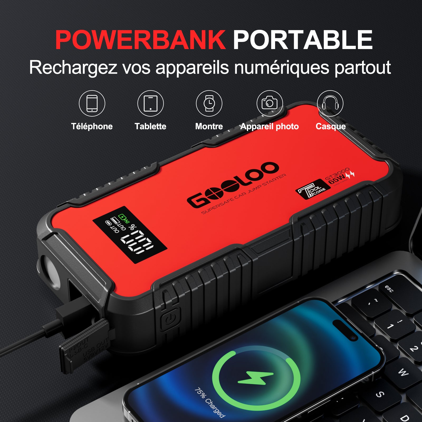 GOOLOO GT3000 Supersafe Booster Batterie Voiture 3000 A avec Boîte EVA
