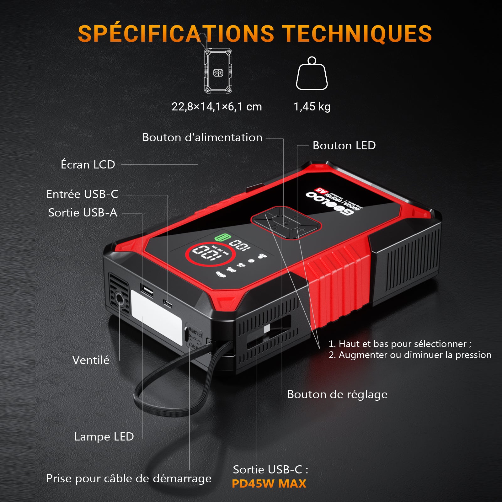 GOOLOO A5 Supersafe Booster Batterie avec Compresseur 4000A