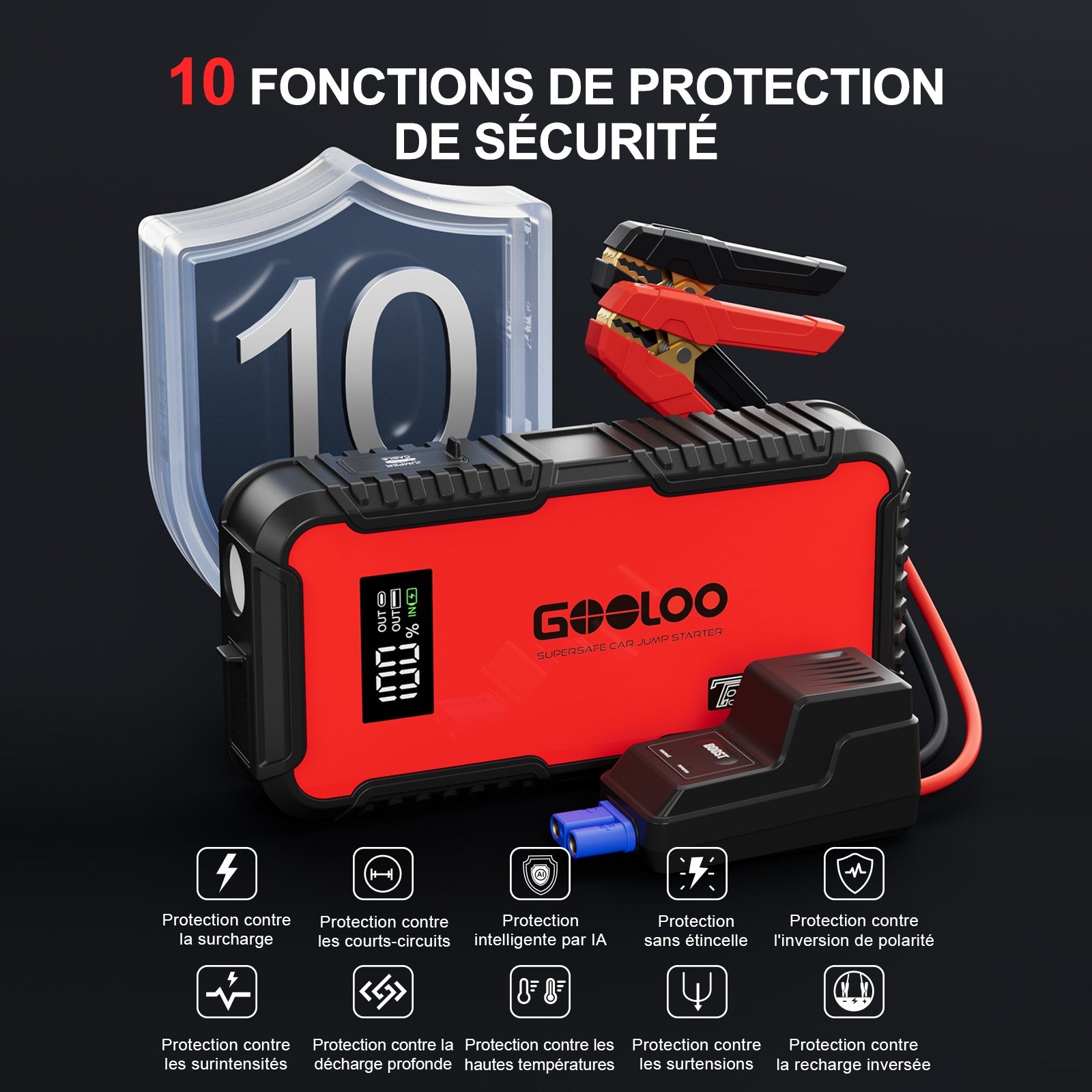 GOOLOO GT3000 Supersafe Booster Batterie Voiture 3000 A avec Boîte EVA